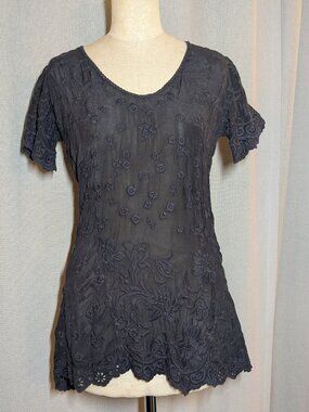 Johnny Was Black Top Embroidered Short Sleeve Floral XS